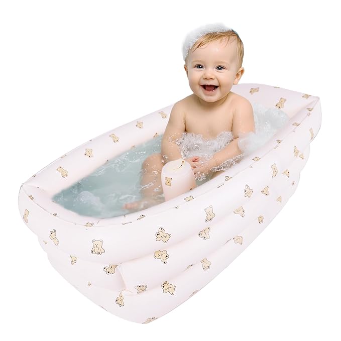 Inflatable Baby Bathtub with Built-in Air Pump, Portable Bathtub for Babies 0-5 Years Old, Small Ball Pool, Foldable Bath Tub for Travel, 30.7 x 14.6 Inch (Bear)