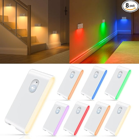 WILLED Motion Sensor Lights Indoor,RGB & Warm White Motion Sensor Night Light,Wireless Color Changing Stair Lights Indoor for Kids' Room,Stair,Bathroom,Hallway,Kitchen,Bedroom,Closet,Cabinet 8PC