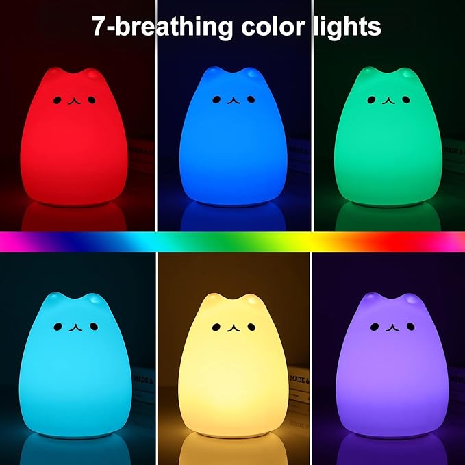 LOVERUIS Cat Lamp Night Light Girl Colorful Squishy Night Lights with 1 Hours Timer Kids Nightlight for Kids Room Gift for Toddle Kitty Lamp Girl