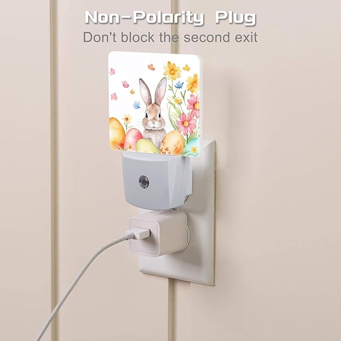 Cute Easter Bunny and Eggs Night Light, Easter Rabbit and Flowers Dusk to Dawn Night Light Plug in, 0.5w Energy Saving Sleep Friendly NightLight for Kids Boys Girls Home Decor