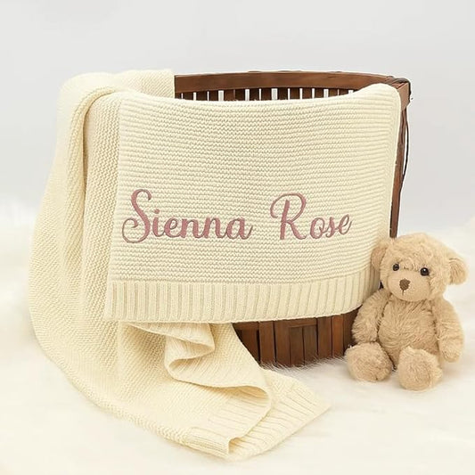 Personalized Baby Knit Blanket Custom Embroidered Cotton Blanket for Newborns, Nursery Essentials, Stroller Cover, Holiday, Thoughtful Keepsake for New Parents.