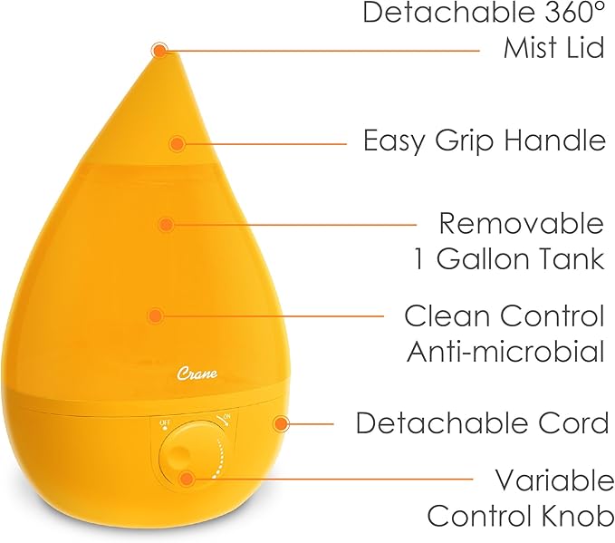 Crane Ultrasonic Cool Mist Humidifier for Bedroom, Baby Nursery, Kids Room, Plants, or Office, Large 1 Gallon Tank, Filter Optional, Orange