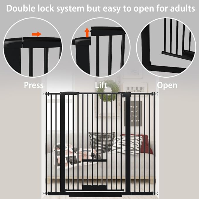 40.55" Tall 1.37" Ultra Narrow Spacing Dogs Pets Baby Gate with Door for Doorway Cat Safety Proof Indoor 30.12-61.61" Extra Wide Puppy Pressure Mounted Black Metal Hallway