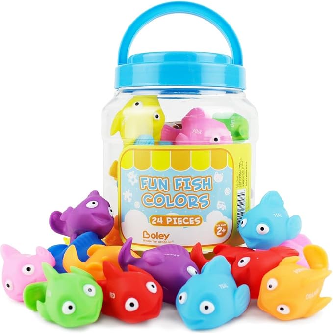 Boley 24 Piece Rainbow Fish Bath Toys – Colorful Floating Educational Pool Toys for Babies, Toddlers, and Kids – Perfect for Bath Tubs and Pool Games – Vibrant Colors and Soft Silicone Interiors