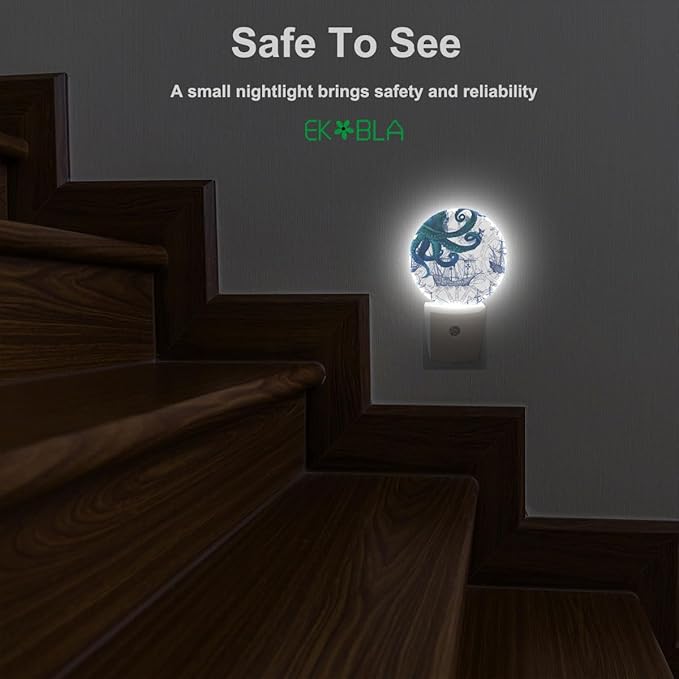 EKOBLA Vintage Octopus Night Lights Plug into Wall Sea Monster Nautical Coastal Night Light Dusk to Dawn Sensor LED Round Lamp for Men Women Boys Girls Home Decor