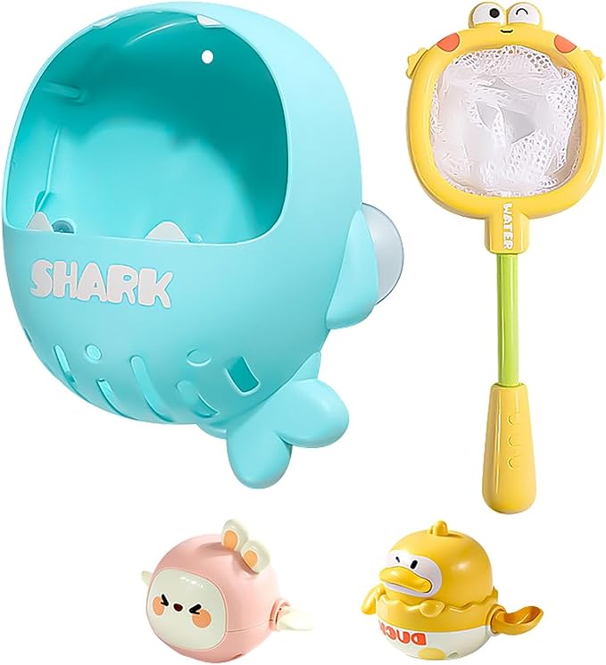 Adorable Frog Fishing Net Toy with 1 Wind-up Duck, 1 Windup Rabbit, Shark Storage Box for Kids Bath Time Fun, Perfect for Babies and Toddlers (Yellow)