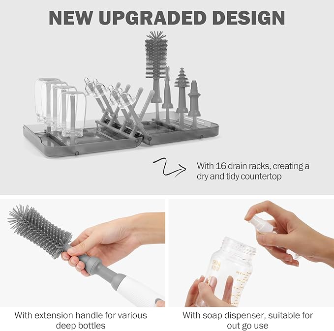 Electric Bottle Brush Cleaner, 9 in 1 Baby Bottle Brush Kit with Nipple Straw Crevice Brushes Drying Rack Extender Soap Dispenser Storage Box, Rechargable Bottle Cleaner Set for Travel & Home (Gray)