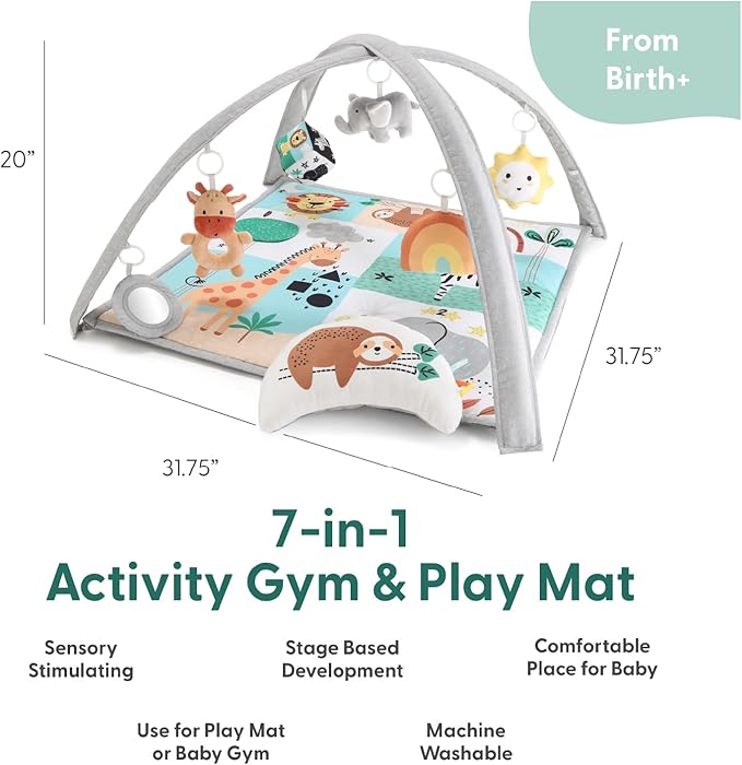 The Peanutshell Unisex Baby Play Gym & 7-in-1 Play Mat - Playmat Baby Toys 0-6, 6-12 Months Tummy Time Mat with Hanging Toys, Soft Padded for Newborns, Infants - Safari
