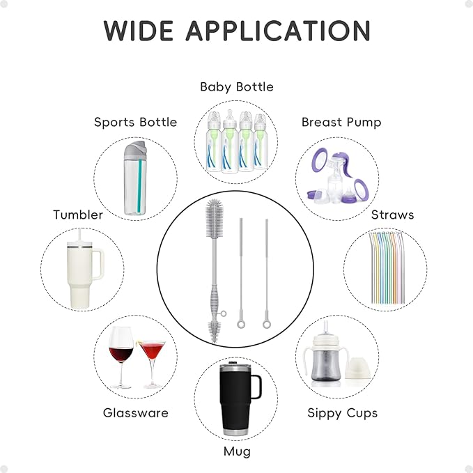 Silicone Cleaning Brush Kit,Water Bottle and Straw Cleaner Brush Set for Tumbler,Baby Bottle,Breast Pump Part,Nipple,Sippy Cup,Glass,Dishwasher Safe,BPA Free,3 Pcs
