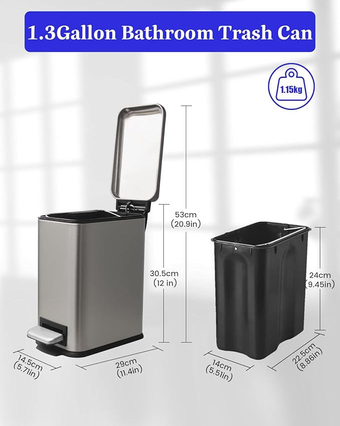 Bathroom Trash Can with Lid，5 Liter / 1.3 Gallon Small Trash Can with Removable Liner, Soft Close lid & Step Pedal, Stainless Steel Trash Bin for Bathroom,Bedroom,Home Office, Kohler Grey