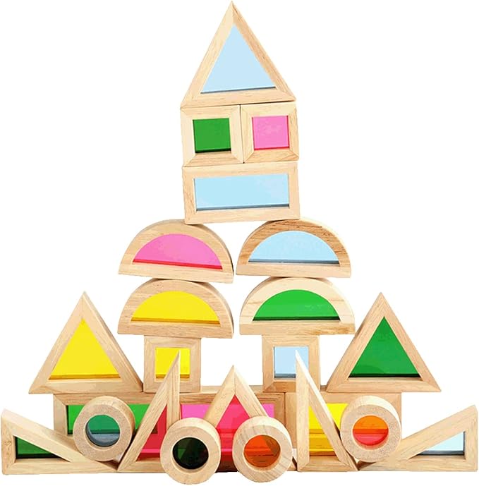 Xylolin Wooden Building Blocks for Toddlers 1-3, 24 Pieces Set Big Toddler Wood Sensory Blocks, Wooden Rainbow Kids Stacking Blocks, Large Colored Window Blocks Educational Toys for Boys Girls