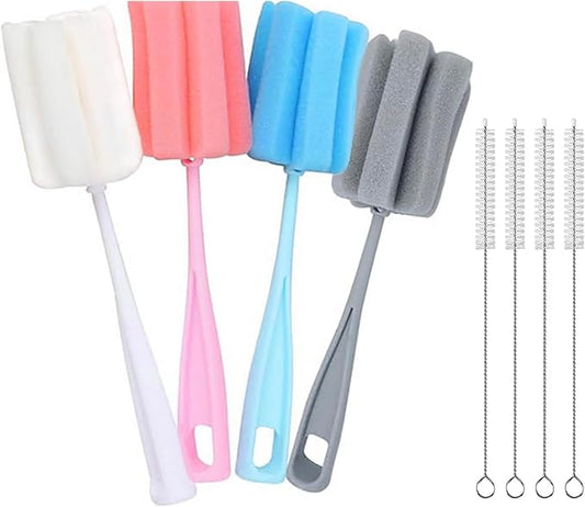 8PCS Bottle Brush Sponge Cup Brush with Straw Brushes Long Handle Cleaner Brush for Baby Bottle Glasswares Mugs Cups Kitchen Clean (4 Bottle Brushes + 4 Straw Brushes)