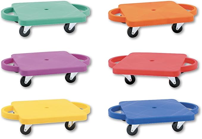 Champion Sports Scooter Board with Handles, Set of 6, Wide 12 x 12 Base - Multi-Colored, Fun Sports Scooters with Non-Marring Plastic Casters for Children - Premium Kids Outdoor Activities and Toys