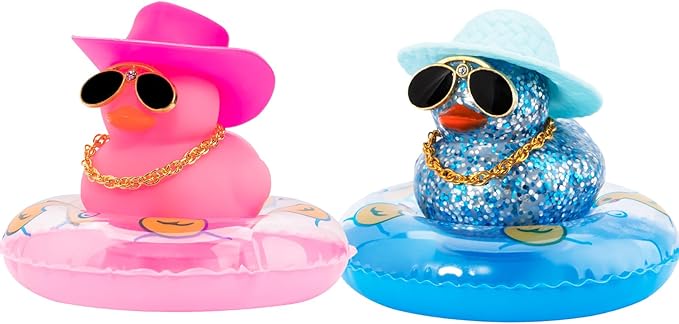wonuu 2Pcs Car Dashboard Decorations Color Ducks, Rubber Duck for Car Ornament Accessories with Mini Hat Sunglasses Necklace and Swim Ring, A_Pink&Blue Duck+Pink Cowboy&Blue Sun Hat
