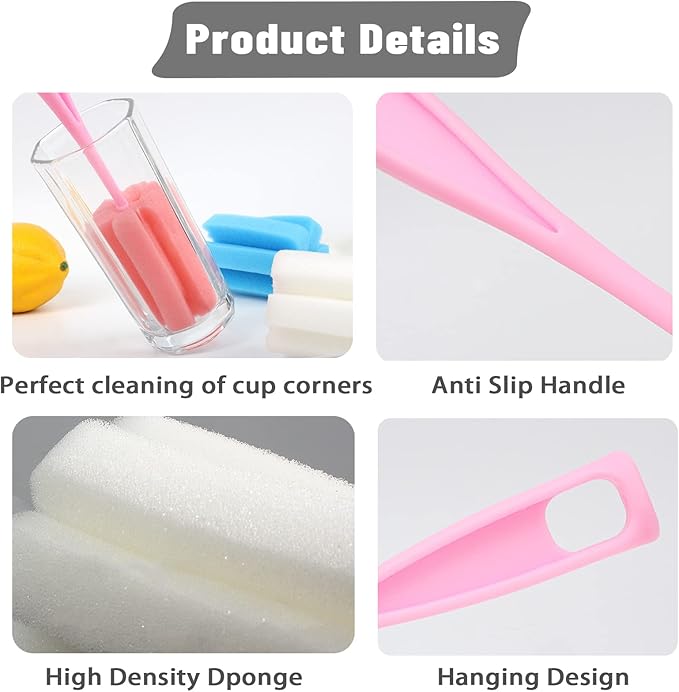 Bottle Brush Sponge 8PCS Cup Washer Brush Long Handle Cleaner Brush for Baby Bottle Glasswares Mugs Cups Kitchen Clean (8 PCS)
