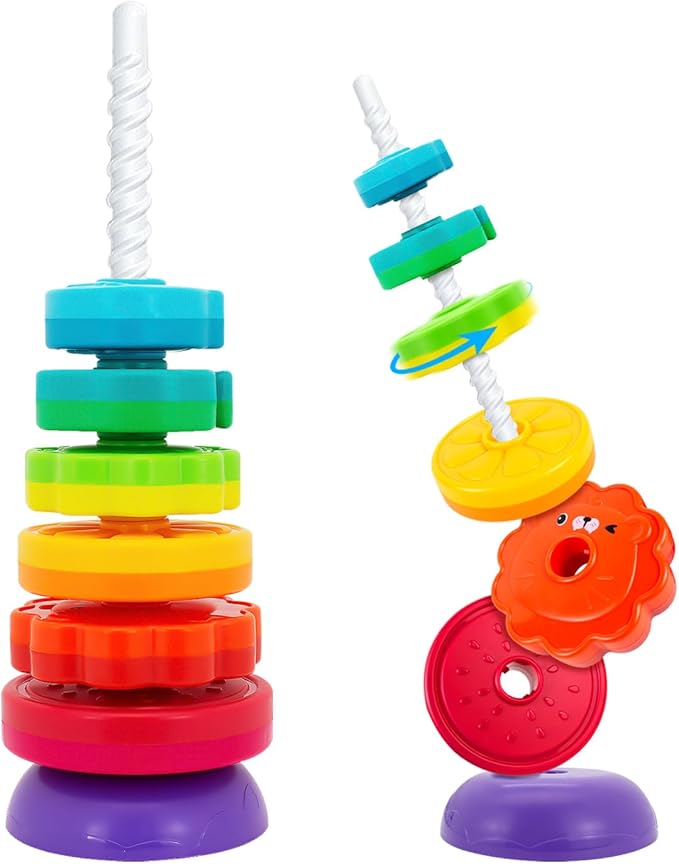 Spinning Stacking Toys for Babies 12+ Month Rainbow Ring Flowers Animals Fruits Theme Stacker ABS Toys for Toddlers 1-3 Montessori Educational Learning Sensory Toy,Stacking Toy for Kids