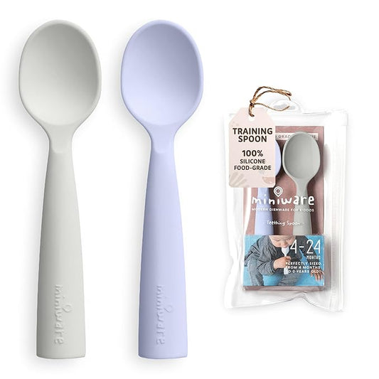 Miniware Silicone Baby Spoon for Training - BPA Free Baby Utensils - Baby Spoons Self Feeding 6 Months | 100% Food Grade Silicone - Modern & Dishwasher Safe Toddler Spoons (Grey and Lavender)