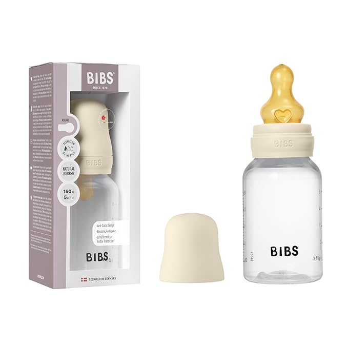 BIBS Baby Bottle 5 oz / 150 ml Natural Rubber Latex Nipple - Anti-Colic, BPA-Free, Round Nipple, Slow Flow, Lightweight & Easy to Clean, Suitable for Newborns 0+ Years - Ivory