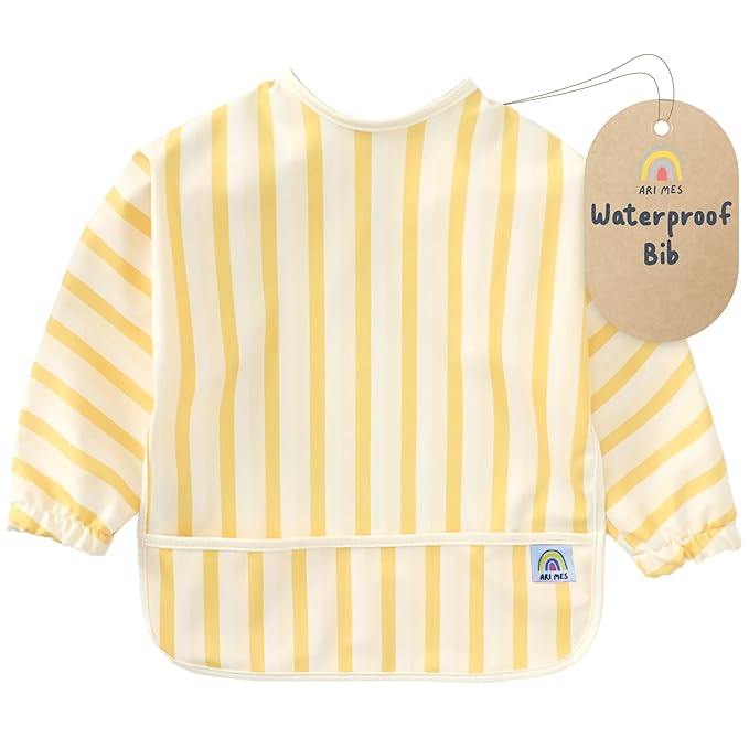 ARI MES Long Sleeves Waterproof Baby Bibs for Eating - Yellow Stripes, Large- Wearable, Coverall for Toddler, Long Sleeve Bib, Smock Apron for Feeding - Applicable for 6-72 Months