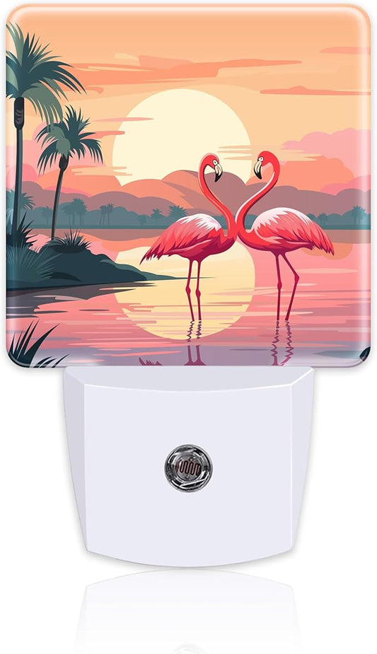 Pink Flamingos at Sunset Night Light for Kids,Summer Beach Tropical Palm Tree Night Light Plug in with Dusk to Dawn Sensor,0.5w Energy Saving Nightlight for Hallway Stairway Kitchen Bedroom