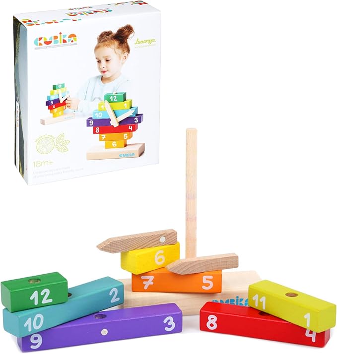 CUBIKA Wooden Clock Construction Kit – Montessori Stacking Toy for Toddlers Ages 3+ – Made from Natural Wood with Water-Based Paints – Travel-Friendly Educational Gift for Boys & Girls
