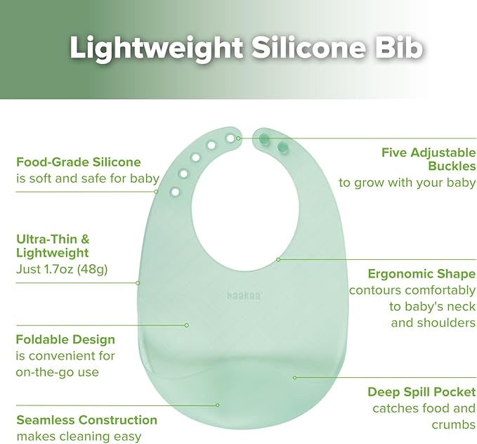 haakaa Lightweight Silicone Pocket Bib – Ultra-Light & Foldable Travel Silicone Baby Bibs with Deep Food Catcher Pocket, Adjustable Waterproof Design, Baby Feeding Essentials