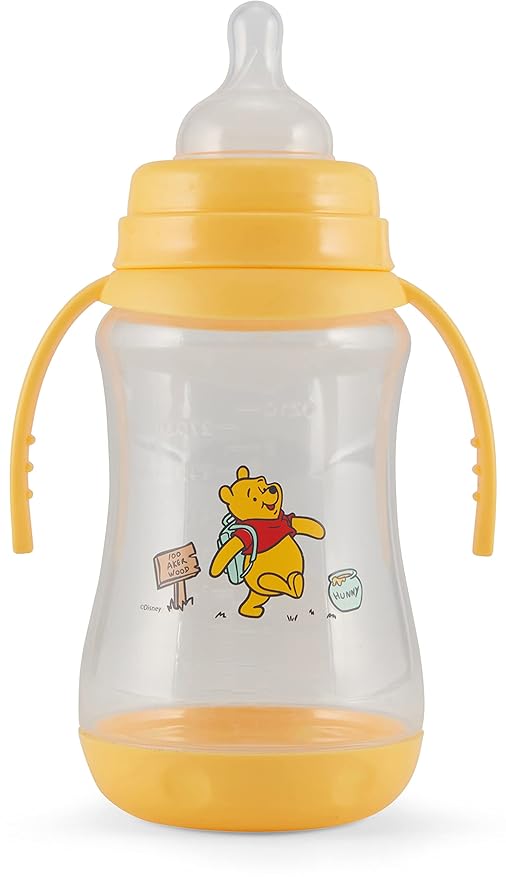 Disney 2 Pack 10 Ounce Baby Bottles with Character Prints and Colored Covers with Double Handle - BPA Free and Easy to Clean