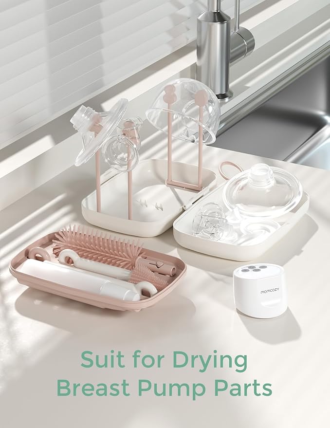 Momcozy Baby Bottle Brush Set, Cleaner Kit with Silicone Nipple Straw Brush, Soap Dispenser, Drying Rack - 7 in 1 Bottle Cleaning Tool for Home and Travel, Pink