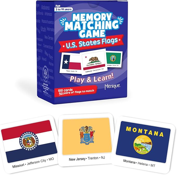 Menique U.S. States Flags Memory Matching Game – 100 Cards (50 Pairs) – Learn State Flags, Capitals & Abbreviations – Educational Card Game for Kids and Adults