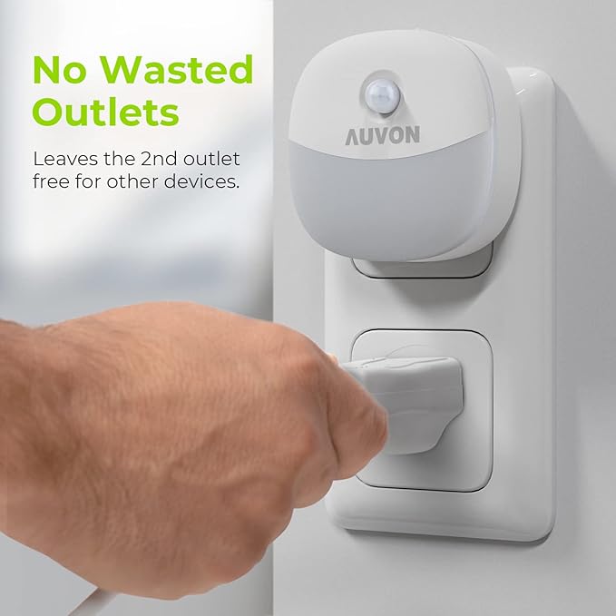 AUVON Plug in Night Light with Motion Sensor and Dusk to Dawn Sensor, Mini Warm White LED Nightlight with 1-50 lm Adjustable Brightness for Bathroom, Hallway, Stairs, Bedroom, Kitchen, 4 Packs
