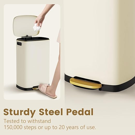 ELPHECO Kitchen Trash Can with Lid Soft Close, 13 Gallon / 50L Stainless Steel Pedal Garbage Can, Heavy-Duty Fingerprint Proof Step Wastebasket with 20 Bags, Removable Bucket, Home Office, Cream Beige