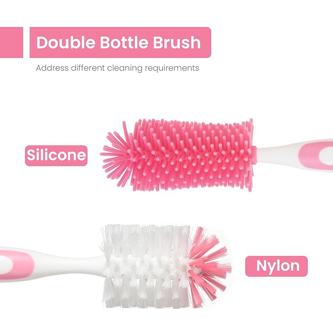 5-in-1 Baby Bottle Brush Set, Including Nylon and Silicone Bottle Brush, Cap, Straw, Nipple Brushes, BPA-Free (Pink)
