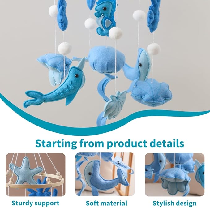 GOODMOM Ocean Nursery Mobile for Boys & Girls | Handmade Baby Crib Mobile with Seahorse, Jellyfish, and More | Sea Theme Crib Accessories|Easy Assembly Sturdy Structure (BlueWave)