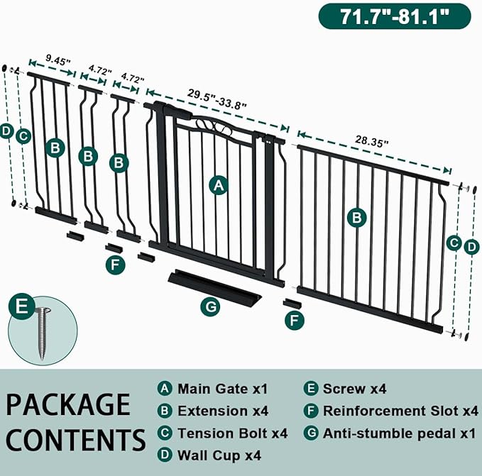 Fairy Baby 71.7"-81.1" Extra Wide Baby Gate for Stairs, Large Pet Dog Gate for Wide Openings, Pressure Mounted Safety Child Gate, Metal Auto Close Long Pet Gate for Doorways with Walk Thru Door, Black
