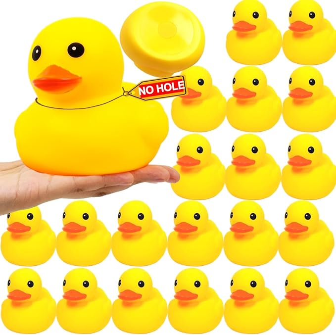 4.3 Inch 20 Pcs Kalafona Rubber Bathtub Duck/Duckie Waterproof No 'Bebe' No Hole Funny Bath Swimming Pool Toy Without Hole for Kids Birthday Party Favor Home Decor