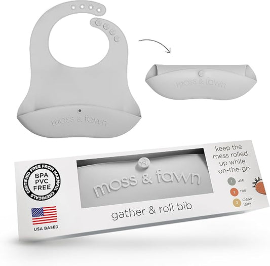 Moss and Fawn Gather & Roll Bib - Washable Waterproof Silicone Baby Feeding Bib - BPA, Lead, & PVC-Free