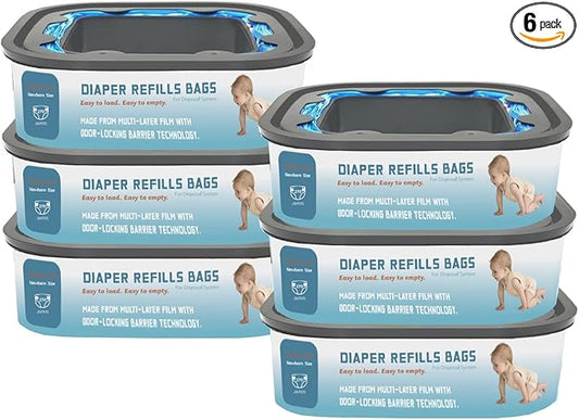 Standard Square Refills Disposal Bags Refill Compatible with Genie Diaper Compact, Select Pails (Not Fit Classic Version Pails), Hold Up to 270 Newborn-Sized Diapers Per Refill, 6 Pack