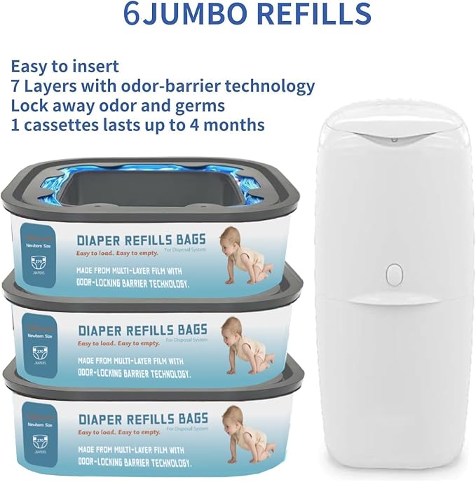 Standard Square Refills Disposal Bags Refill Compatible with Genie Diaper Compact, Select Pails (Not Fit Classic Version Pails), Hold Up to 270 Newborn-Sized Diapers Per Refill, 6 Pack