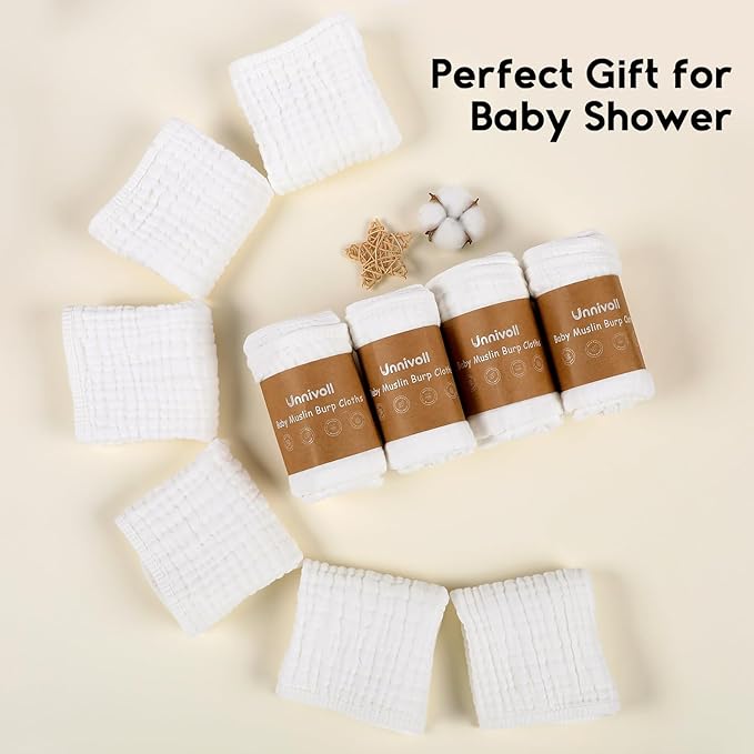 Muslin Burp Cloths for Baby 100% Cotton Burping Cloths for Boys Girls Large 20''X10'' Extra Soft and Absorbent 12 Pack - White