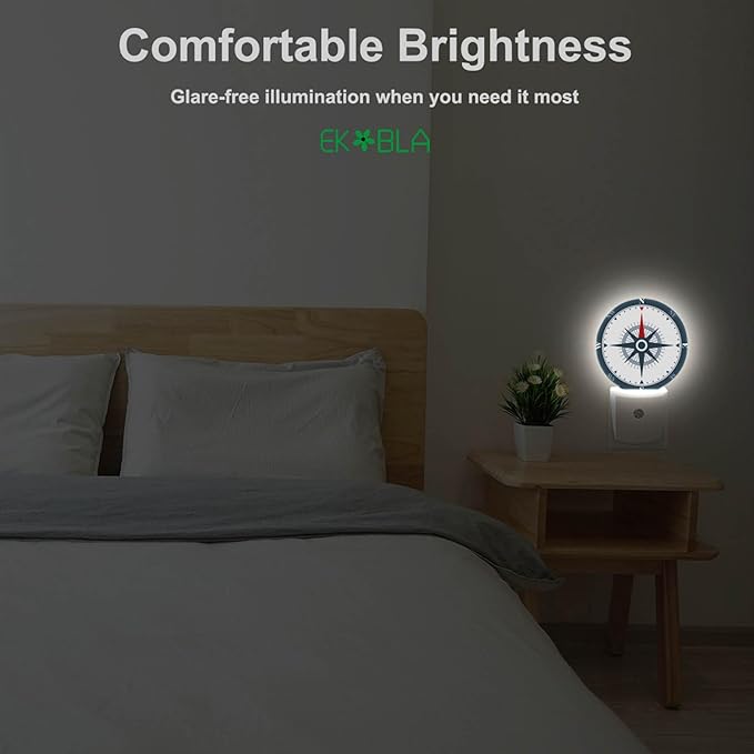 EKOBLA Compass Nautical Plug-in Nightlights Compass Rose Night Lights Plug into Wall Dusk to Dawn Sensor LED Nightlight for Bedroom Bathroom Hallway Living Room Kitchen
