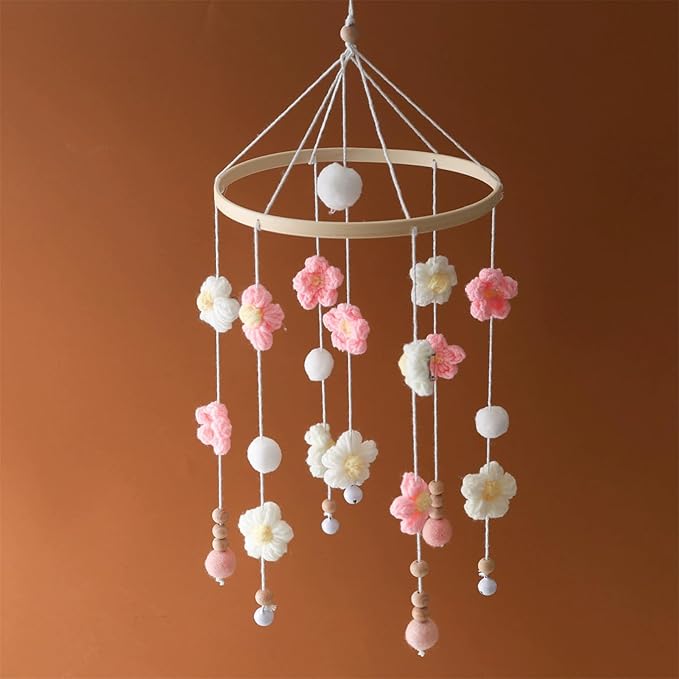Baby Mobile for Crib - Modern Baby Mobile - Nursery Mobile for Girl or Boy - Hand-Crocheted Colourful Little Flower - Baby Crib Mobile for Boys Girls (B)