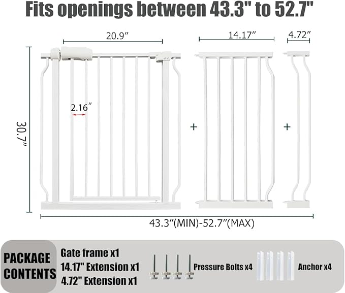 Extra Wide Baby Gate - 48-52.7 Inch Tension Mounted Safety Child & Pet Gate - White Metal - Walk Through - Long - for House Doorways & Stairs