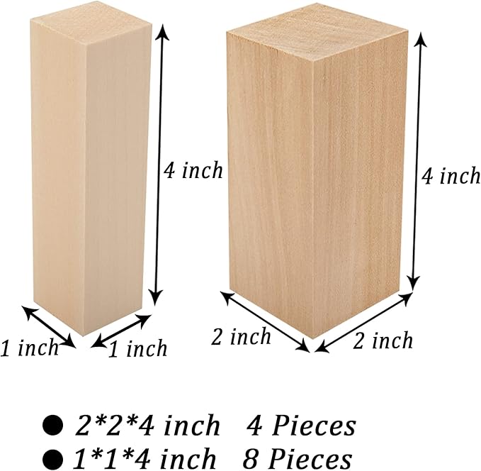 Unfinished Basswood Carving Blocks Kit, 12 Pack Rectangular Wooden Blocks for DIY Carving, Crafting and Whittling for Adults Beginner and Experts (4 x 1 x 1 inch, 4 x 2 x 2 inch)