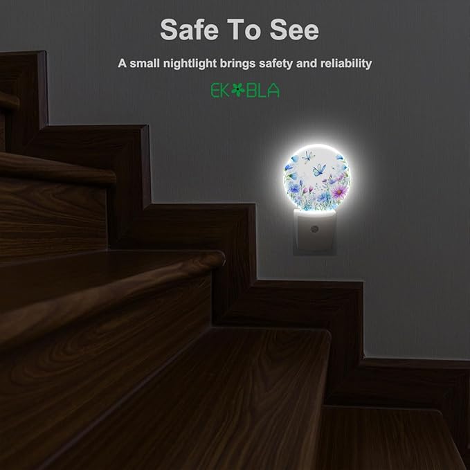 EKOBLA Floral Butterfly Plug-in Nightlights Wildflowers & Butterflies Spring Garden Night Light with Auto Sensor LED Lighting for Kitchen Bedroom Bathroom Home Decor