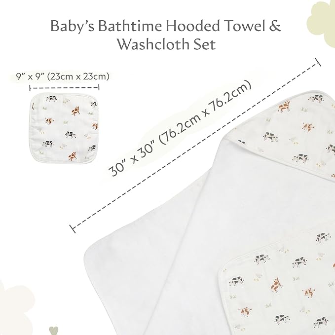 Bamboo Viscose Baby Hooded Towel & Washcloth Set for Babies and Toddlers, Soft & Absorbent, 70% Viscose from Bamboo, 30% Cotton Muslin - Imported (Cow)