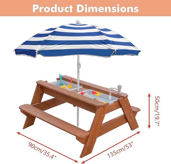 Kids 3-in-1 Sand & Water Activity Table, Wood Outdoor Convertible Picnic Table, 2 Play Boxes, Removable Top with Faucet, Picnic for Outdoor Backyard Patio Play (Brown/Navy)