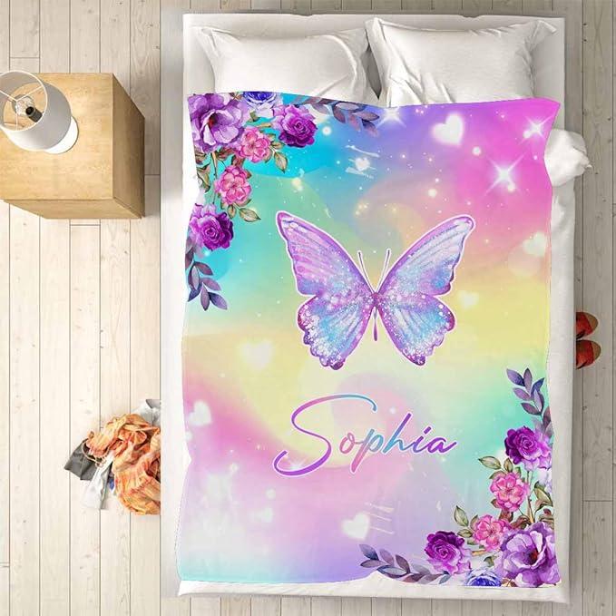 M YESCUSTOM Personalized Baby Blanket with Name, Shiny Butterfly Customized Blanket for Girls, Toddler, Newborn, Baby Shower, Christmas, Birthday