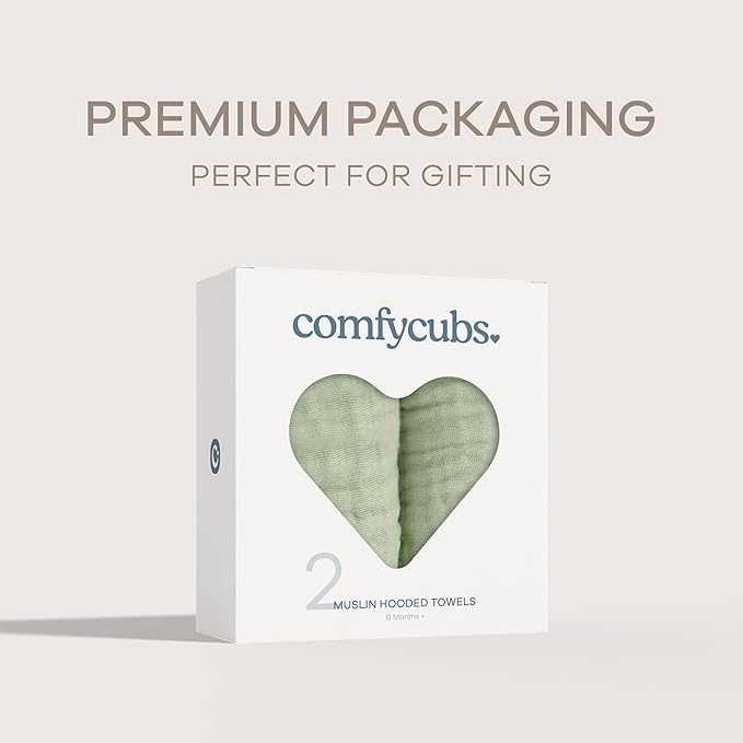 Comfy Cubs Hooded Baby Towel 2-Pack, Large 32 x 32 Inch - 6 Layer 100% Muslin Cotton for Babies, Toddlers and Kids - Soft & Absorbent Baby Bath Towels - Unisex Design for Bath Time - Sage