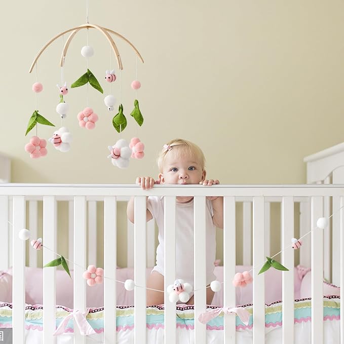 Baby Mobile for Crib, Crib Nursery Mobile for Boys Girls, Boho Bee Flower Nursery Decor Soothe Toy Baby Shower Set for Infant Bedroom Hanging Decoration Toy, Pink