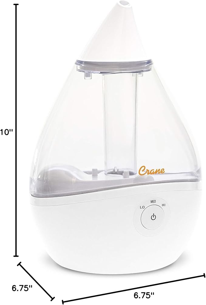 Crane Ultrasonic Teardrop Humidifier for Baby, Cool Mist, Auto Shut off, Adjustable Humidity, for Nursery, Bedroom, Clear and White, 0.5 Gallon